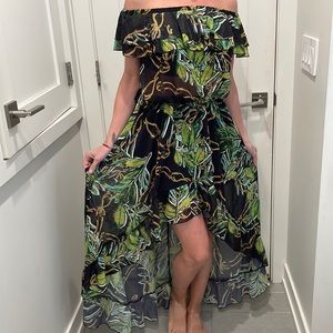 European brand O.N.E. Green and golden maxi dress, off the shoulder ruffles.